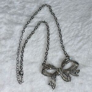 Silver Tone Necklace with Large Bow with Clear Stones